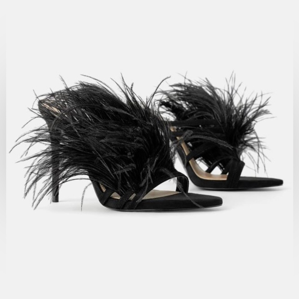 Zara Black Feathered High Heel Sandals
